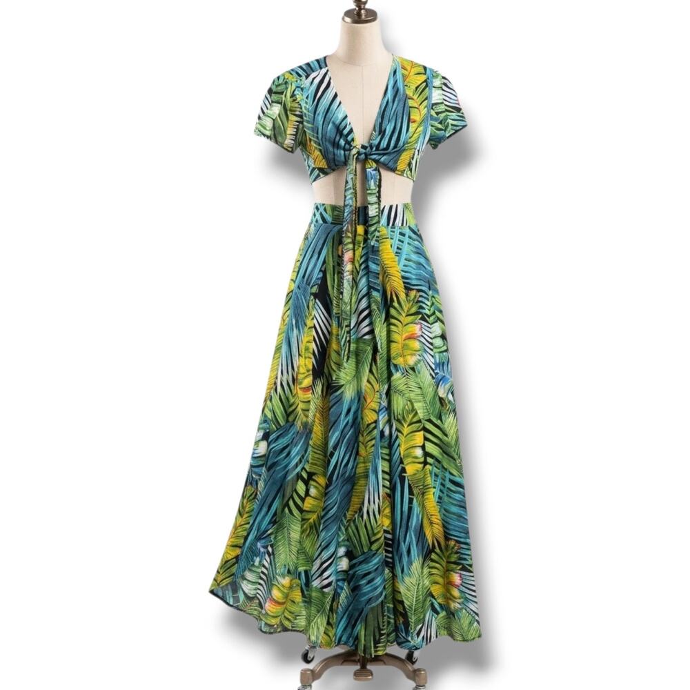 SHEIN Tropical Palm Print 2-Piece Crop Top & Wrap Maxi Skirt Set Green Blue